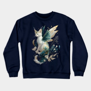 Majestic Cat Dragon Fairy Art - White and Teal with Gold Accents Crewneck Sweatshirt